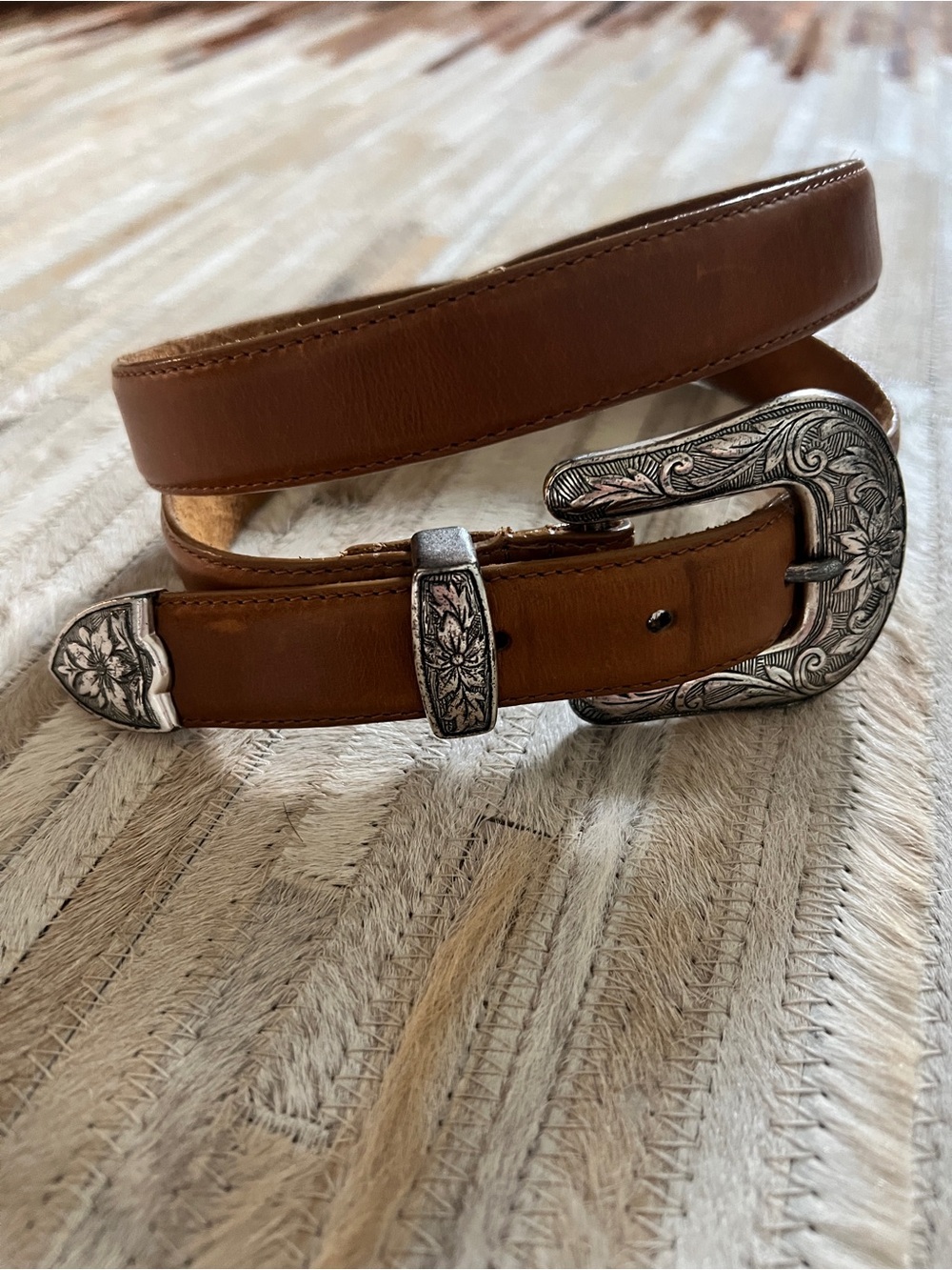 Vintage Billy Belt Leather Western Buckle Belt with Silver Floral Buckles